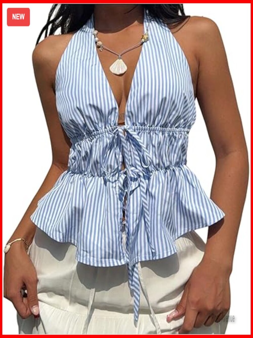 Striped Halter Tank Top with Bow Front - Sleeveless Summer Top